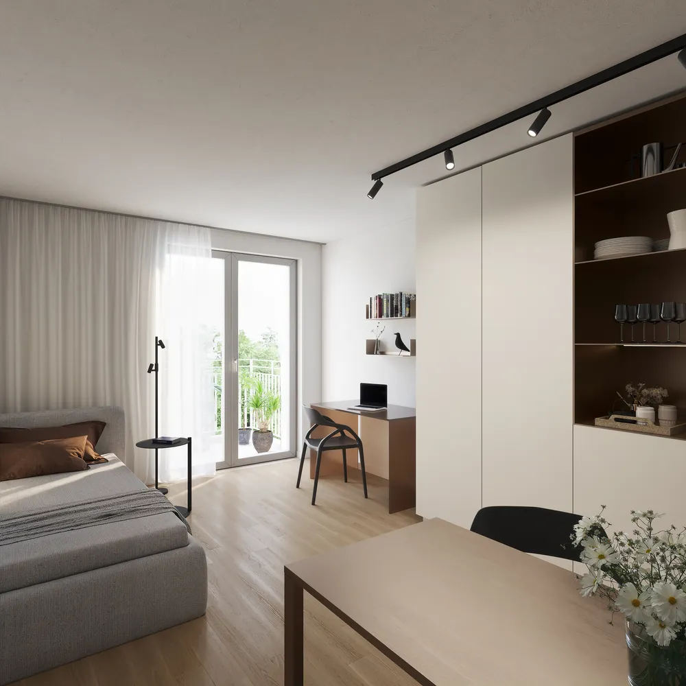 Wohnraum eines möblierten Apartments in THE ONE, Innenvisualisierung View A01