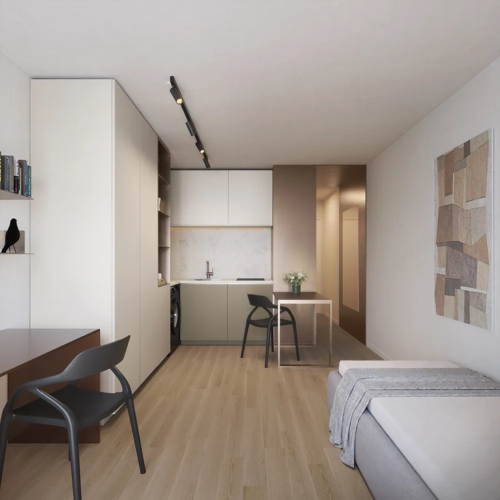 Komplette Einbauküche im Microapartment THE ONE (Innenvisualisierung A02)