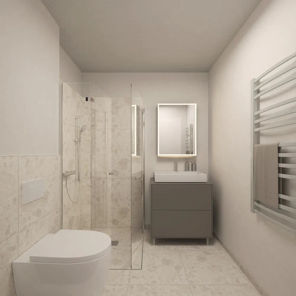 Bad mit bodengleicher Dusche und Feinsteinzeugfliesen in THE ONE (Innenvisualisierung A03)