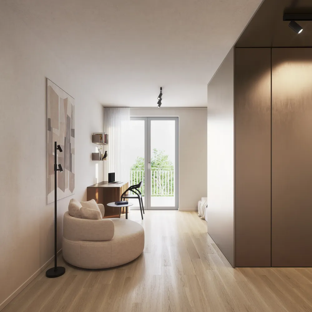 Wohnbereich eines Apartments in THE ONE mit Einbauküche und Sitzecke (Innenvisualisierung B01)