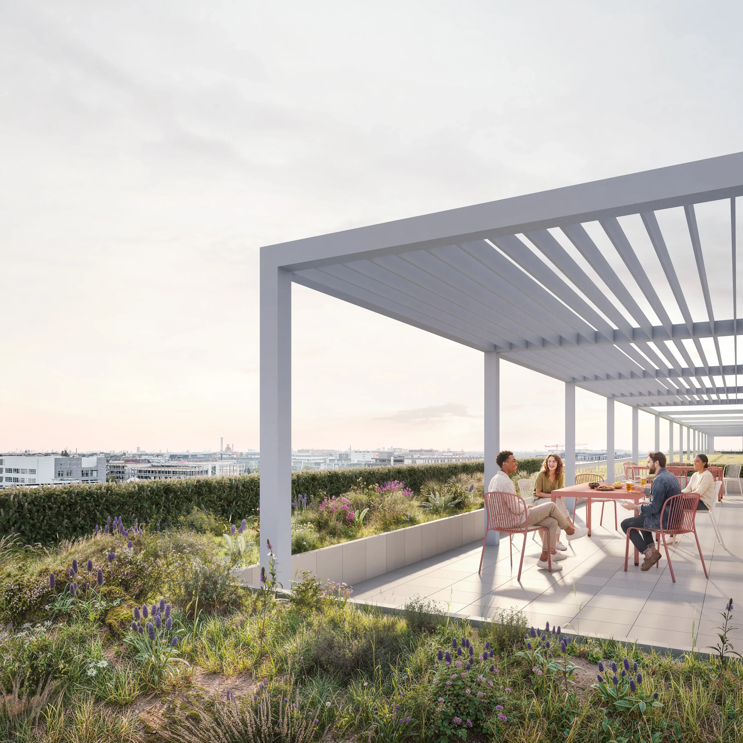 Gemeinschafts-Dachterrasse von THE ONE mit Pergola, Bepflanzung und Blick über München (Rendering)